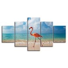 Imagem de Quadro Decorativo Flamingo Mar  Sala 5 Peças