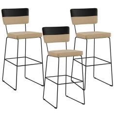 Imagem de Kit 03 Banquetas Altas Faixa Corano Preto Linho Bege Escuro