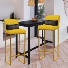 Imagem de Kit 02 Banqueta Alta com Encosto Lucca Industrial Cozinha Balcão Ferro Dourado Corino Amarelo e Almofada Cinza - Ahazzo Móveis