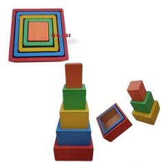 Imagem de Brinquedo Educativo Pedagógico Em Madeira Cubo De Encaixe/Empilhar Premium