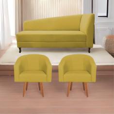 Imagem de Kit Diva Recamier Heitor 185Cm Lado Esquerdo E 02 Poltronas Luiza Suede - Doce Sonho Móveis Amarelo