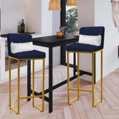Imagem de Kit 02 Banqueta Alta com Encosto Lucca Industrial Cozinha Balcão Ferro Dourado Sintético Azul Marinho e Almofada Branco - Ahazzo Móveis