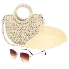 Imagem de Kit Bolsa de Palha Feminina + Viseira Solar e Óculos de Sol Verão Piscina Moda Praia (Areia+Marrom)