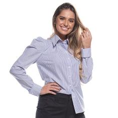 Imagem de Camisa Botão Feminina Listrada Algodão Manga Bufante