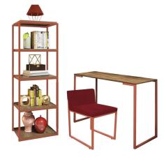 Imagem de Kit Escritório Ravi 1 Cadeira Suede Vermelho com 1 Mesa e 1 Livreiro Ferro Bronze MDF Malbec - Ahazzo Móveis
