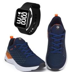 Imagem de Kit Tênis Esportivo It Shoes Masculino + Relógio Digital, Azul, Laranj