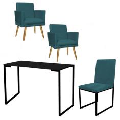 Imagem de Kit Escritório Stan 2 Poltronas Rodapé com Cadeira e Mesa Industrial Tampo Preto Suede Azul Turquesa - Ahz Móveis