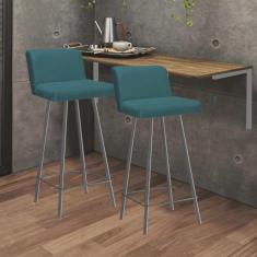 Imagem de Kit Mesa Suspensa de Parede Fixa mdf Carvalho + 2 Banquetas Lexi Ferro Prata Suede Azul Turquesa - Ahazzo Móveis