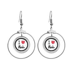 Imagem de Brincos com estampa de palavras I Love Paris com argola pendurada, joia circular