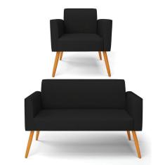 Imagem de Sofá Namoradeira Com Poltrona Pés Palito Castanho Marisa Linho D03 - D\`rossi Cor A79 Preto