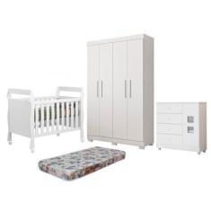 Imagem de Quarto de Bebê Berço Mini Cama com Colchão, Cômoda 1 Porta 4 Gavetas e Roupeiro 4 Portas 3 Gavetas Branco