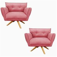 Imagem de Kit 02 Poltronas Giratória Suede Base Madeira Rose