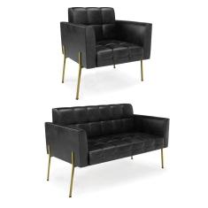 Imagem de Sofá Namoradeira E Poltrona Base Pé De Ferro Dourado Elisa Corano Preto D03 - D'rossi