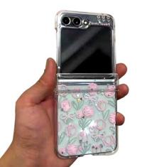 Imagem de GO-VOLMON Capa feminina fofa para Samsung Galaxy Z Flip 5 estampa de flores Kawaii, capa transparente para Galaxy Z Flip 5 protetor de dobradiça, glitter em pó adorável design floral capa feminina