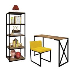 Imagem de Kit Escritório Bex 1 Cadeira Corino Amarelo com 1 Mesa e 1 Livreiro Ferro Preto MDF Caramelo - Ahazzo Móveis