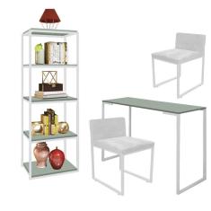 Imagem de Kit Escritório Ravi 2 Cadeiras Suede Branco com 1 Mesa e 1 Livreiro Ferro Branco MDF Verde Oliva - Ahazzo Móveis
