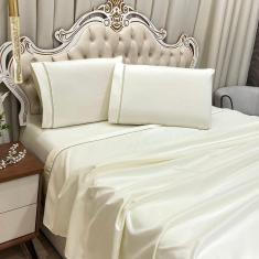 Imagem de Jogo De Cama Lençol Casal Realce Percal 400 Fios 4 Peças - Palha