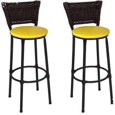 Imagem de Kit 2 Banquetas Altas Preta com Encosto Junco Argila Assento Amarelo