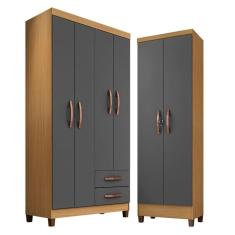 Imagem de Guarda Roupa Solteiro Modena 4 Portas e Armário Multiuso Egito Carvalho Americano Grafite - Incorplac