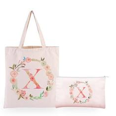 Imagem de boutikpro Sacola de lona com inicial personalizada floral com monograma com zíper, bolsa cosmética, presente para damas de honra, Branco