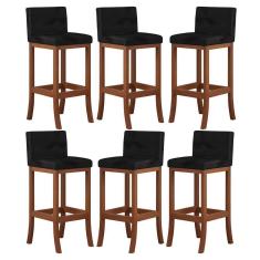 Imagem de Kit 6 Banquetas Alta Encosto Estofado 38x100 Cm Espanha Madeira Maciça Castanho Suede Preto CCS