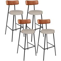 Imagem de Kit 04 Banquetas Alta Bar Cozinha Sala De Jantar Milão L02 Couríssimo Camel Linho Bege