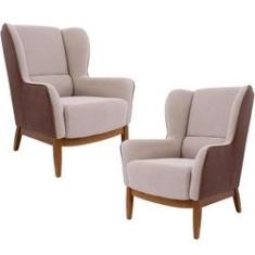 Imagem de Kit 02 Poltronas Decorativas Fixa Base Milena D02 Jacar Algodão Creme Marrom B-208 - Lyam Decor