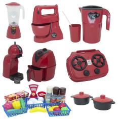 Imagem de Kit Cozinha Brinquedo Vermelho Mercado Fogão Air Fryer 43pç