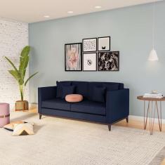 Imagem de Sofá 3 Lugares Brendo Base De Madeira Linho Cotton Azul Marinho.