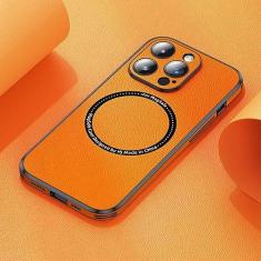 Imagem de Capa de telefone de couro de carregamento sem fio magnético para iPhone 14 13 12 11 Pro Max com lente protege capa de celular, laranja, para iPhone 14Pro Max