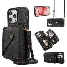 Imagem de Capa de couro com cordão crossbody para iPhone 15 Pro Max 13 12 11 14 Plus XR XS 7 8 SE 2022 Cartões Solt Carteira Bolsa Capa de bolso, preta DF08, para iPhone 12