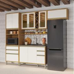 Imagem de Cozinha Modulada Compacta 4 Peças 9 Portas e Vidro Reflecta 100% Mdf Barbados Espresso Móveis Amêndoa/Off White
