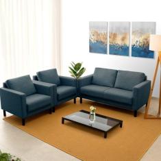 Imagem de Conjunto Sofá 2 Lugares com USB e 2 Poltronas em Linho Antúrio CabeCasa MadeiraMadeira Azul