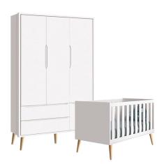 Imagem de Berço Americano e Guarda Roupa 3 Portas Infantil Theo Branco Acetinado com Pés Madeira Natural  – Reller