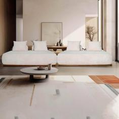 Imagem de Sofá Modulado 6 Lugares Com Almofadas Soltas Pés Madeira Maciça 400cm Homer Bouclê Off White
