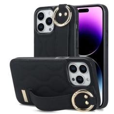 Imagem de Capa de telefone com pulseira de couro PU para iPhone 15 14 Plus 13 12 Mini 11 Pro Max X XS XR 7 8 Plus Capa de suporte, preta, para iPhone15 Pro