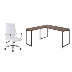 Imagem de conjunto de mesa kuadra nogal 150 cm com cadeira de escritório diretor giratória cleaner branca