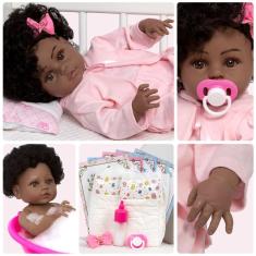 Imagem de Boneca Reborn Realista Negra Kit Acessórios Menina Linda