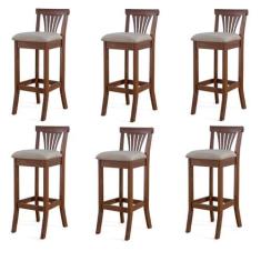 Imagem de Kit 6 Banquetas Alta Madeira Maciça Pontes Linho Off White/Imbuia G42 - Gran Belo