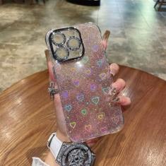 Imagem de Capa para iPhone 13Pro Max Glitter Gradiente Laser Amor Coração Padrão Transparente Capa Clara com Filme de Lente, Rosa, Para iPhone 13Pro Max