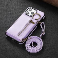 Imagem de Alça de ombro com zíper carteira de couro capa porta cartão para iPhone 11 12 13 14 15 Pro Max Plus cordão telefone bolsa capa anel, roxo, para iPhone 12 Pro