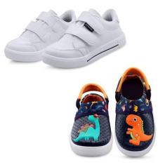 Imagem de Kit 2 Pares De Tênis Infantil Menino Escolar Branco E Sandália Babuche