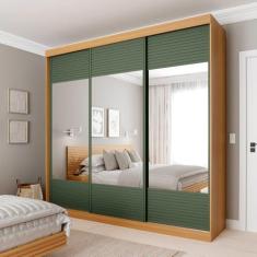 Imagem de Guarda-roupa Casal 3 Portas de Correr Ripadas com Espelho Samambaia Cabecasa Madeiramadeira Carvalho/Verde