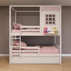 Imagem de Treliche Casinha Reta Com Grade Removível Madeira Maciça Branco/ Rosa