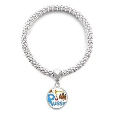 Imagem de DIYthinker Pulseira de prata com símbolo nacional da Rússia com pingente e corrente ajustável