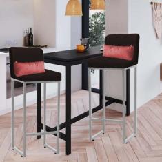 Imagem de Kit 02 Banqueta Alta com Encosto Lucca Industrial Cozinha Balcão Ferro Cinza Suede Marrom e Almofada Rose Gold - Ahazzo Móveis