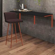 Imagem de Kit Mesa Suspensa de Parede Fixa MDF Preto + 1 Banqueta Lexi Ferro Bronze Suede Marrom - Ahazzo Móveis