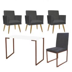 Imagem de Kit Escritório Stan 3 Poltronas Rodapé com Cadeira e Mesa Industrial Branco Bronze Suede Cinza - Ahz Móveis