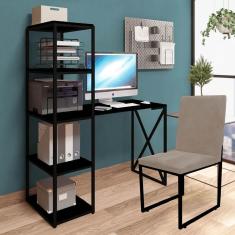 Imagem de Kit Escritório Mesa Max BeX 5 Prateleiras e Cadeira Stan Preto Tampo Preto Corino Bege - Ahz Móveis