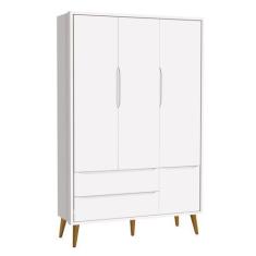 Imagem de Guarda-Roupa Retrô 3 Portas Théo New Branco Fosco Com Madeira - Moveis